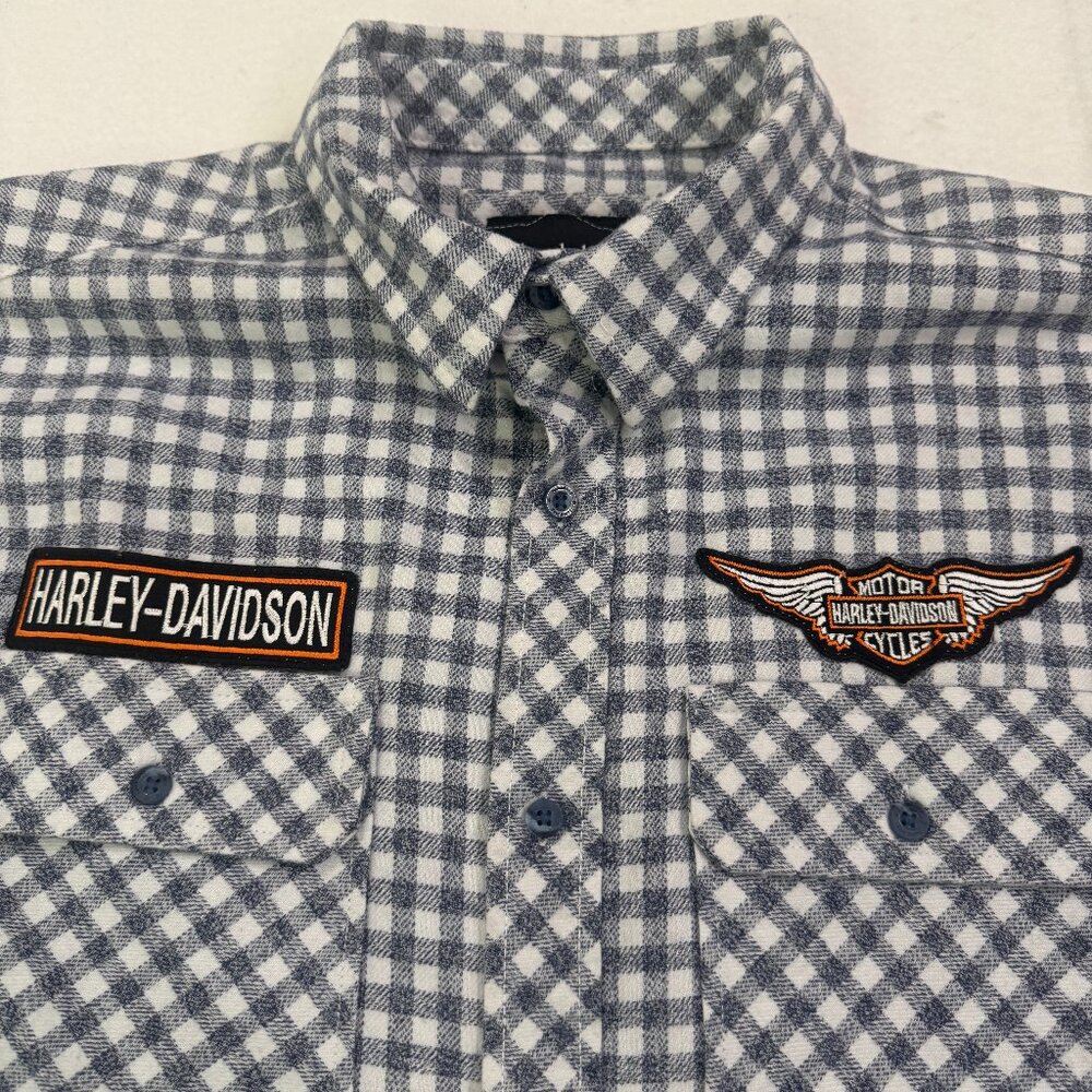Harley Davidson Men's Plaid Long Sleeve Button Down Blue Embroidered Jared Lang